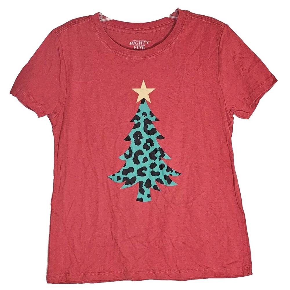 Mighty Fine Top Womens Small Red Christmas Tree Leopard Short Sleeve Shirt NEW S